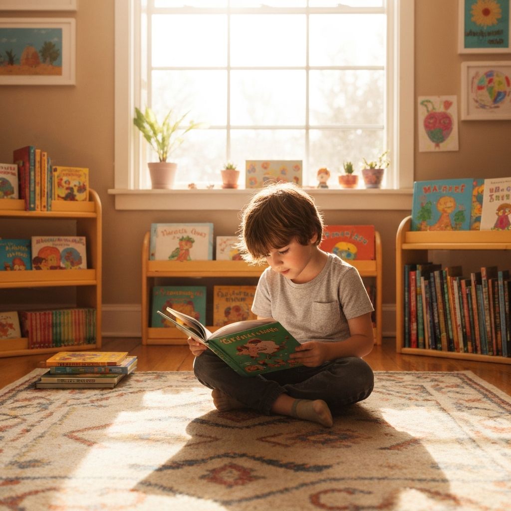 Gyermek olvas könyvet padlón ülve, játékos otthoni környezetben, természetes napfény szűrődik be az ablakon, könyvek és rajzok körülötte