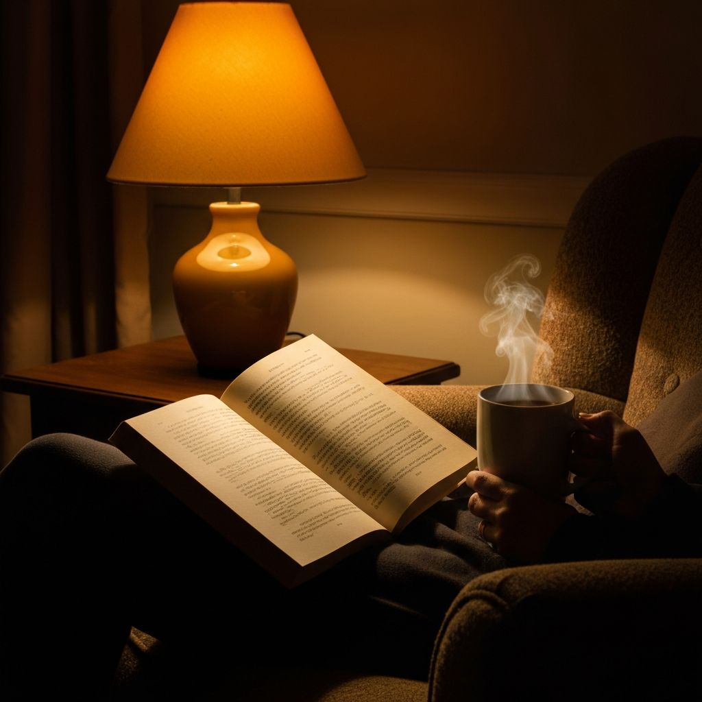 Esti lámpás olvasósarok meleg barna árnyalatokkal, nyitott könyv az ölben, kézzel fogott bögre, kényelmes fotel, alacsony meleg fény