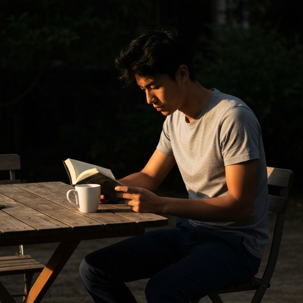Nyugodt személy olvas természetes fényben, egy fa asztalon könyv és kávés bögre látható, meleg borostyán fény és mély árnyékok teremtenek filmes hangulatot