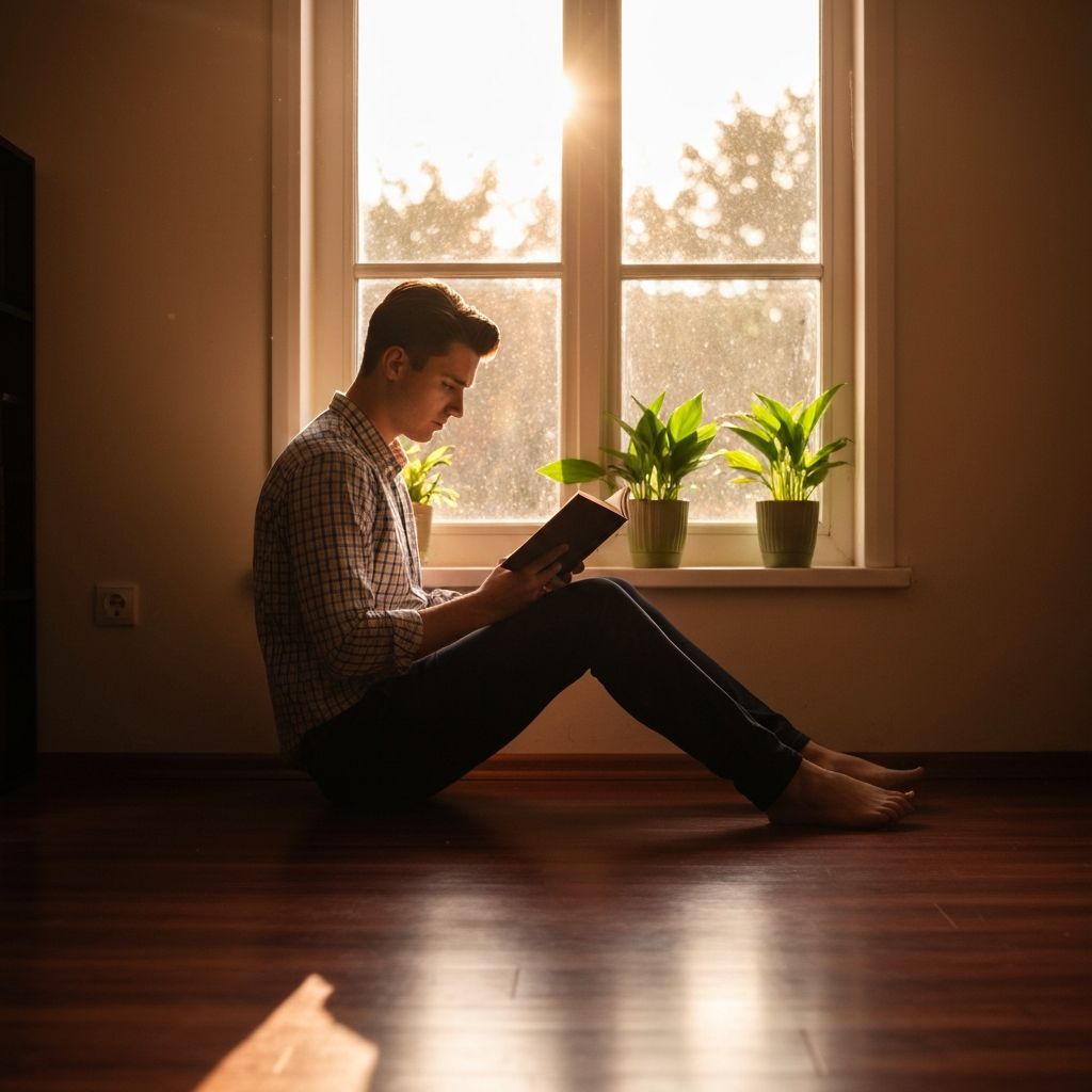 Reggeli fénnyel megvilágított ablak előtt ülő személy könyvet olvas, természetes napfény áramlik be, fa padló és növények láthatók a szobában