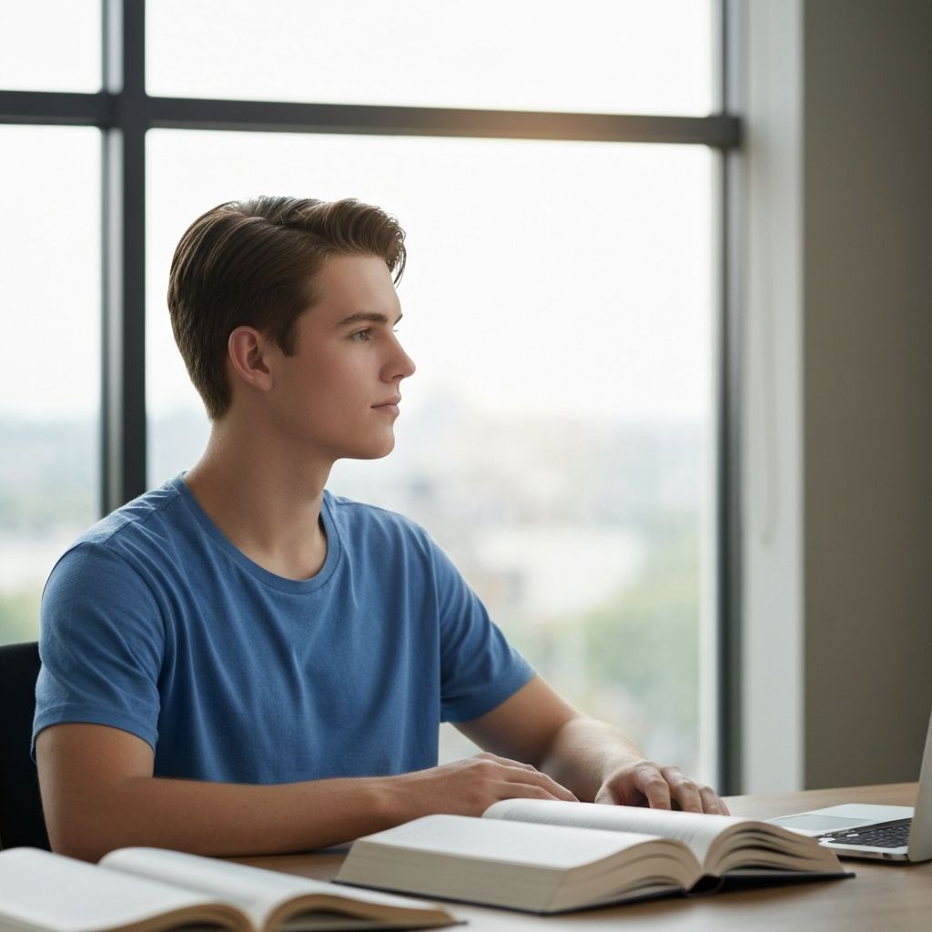 Irodai asztal melletti szünet, fiatal felnőtt a képernyőtől elhajolva távolba néz az ablakon, természetes megvilágítás, könyvek az asztalon